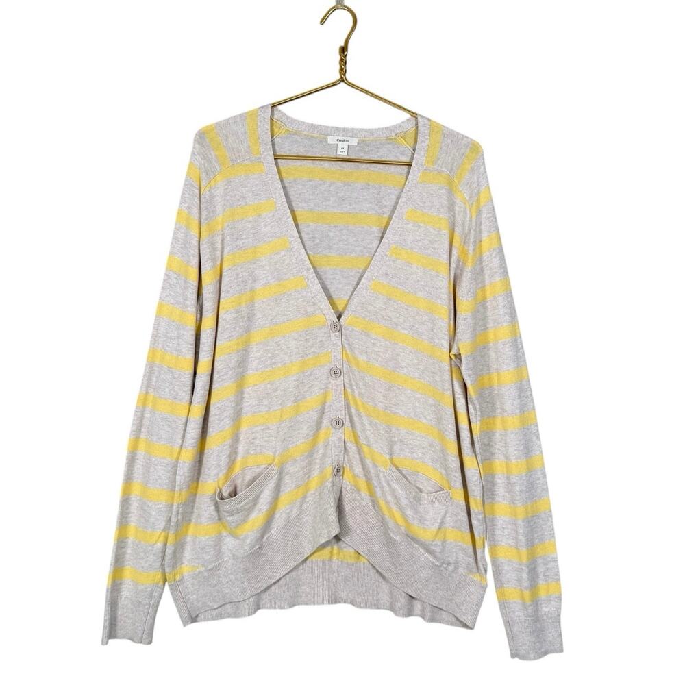 Caslon XL Yellow Stripe Cardigan Pima Cotton Lightweight V Neck - Picture 2 of 8
